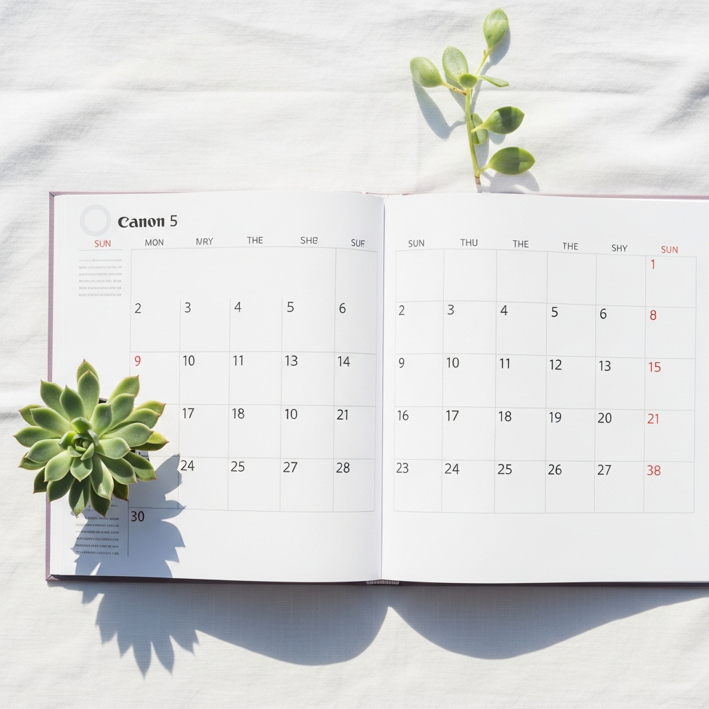 Light and airy close-up of a sunlit calendar on a white linen surface, with a small succulent beside it, photographed from above in bright natural daylight