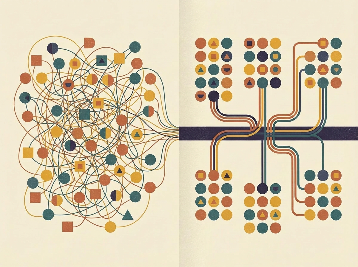 복잡하게 얽힌 시스템(왼쪽)과 정리된 시스템(오른쪽) 비교 다이어그램