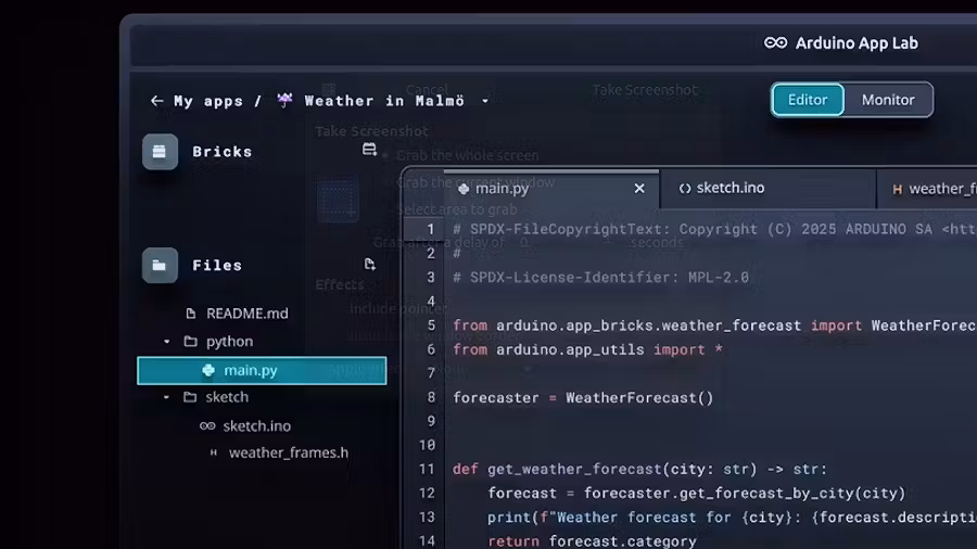 Screenshot of Arduino App Lab development environment showing code editor and files