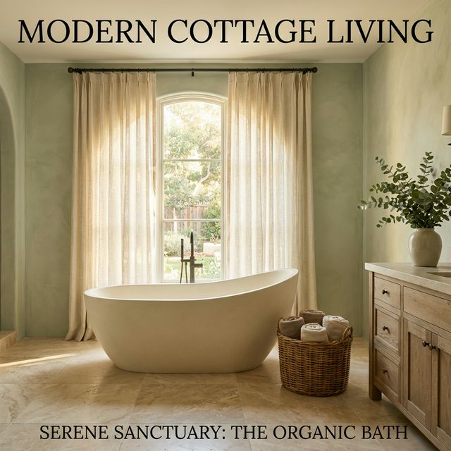 A serene modern cottage bathroom with a sculptural freestanding stone tub centered on honed travertine floors, raw linen curtains filtering natural light, and limewash sage green walls