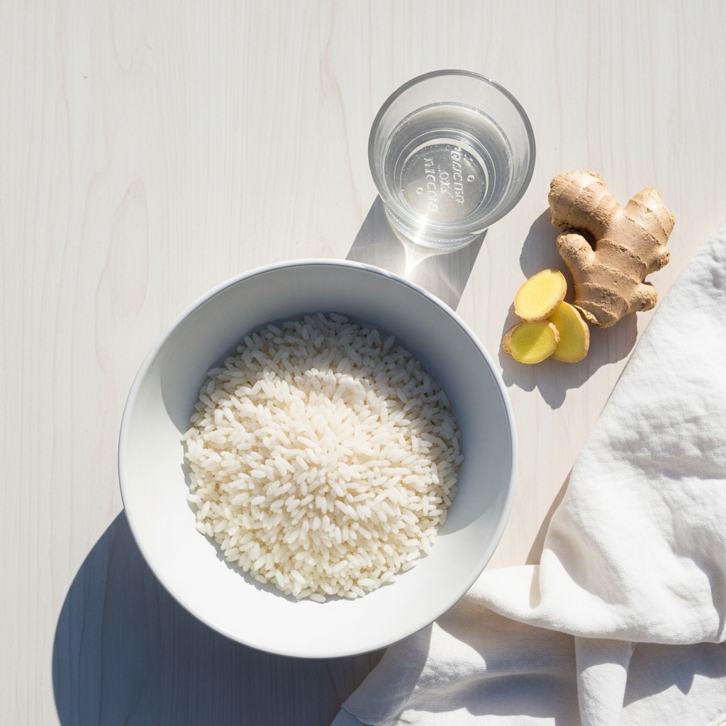 Bright overhead flat lay of a white ceramic bowl of plain white rice with a small glass of clear electrolyte water, a folded white linen cloth, and a few sprigs of fresh ginger on a light wood surface in bright natural daylight