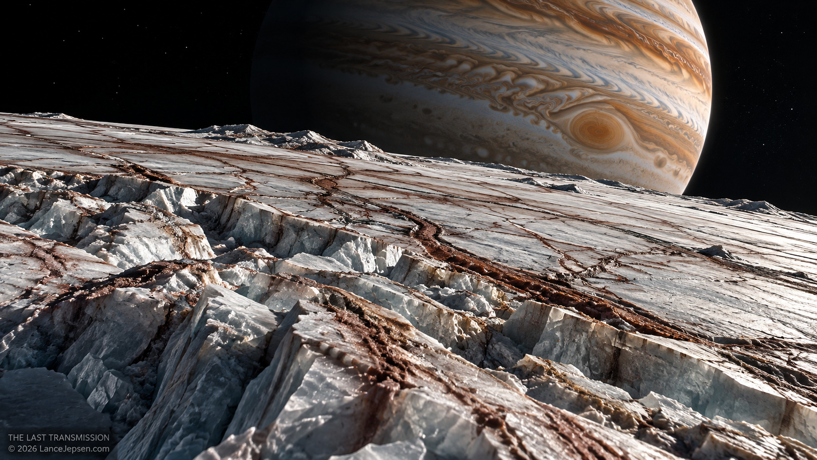 Conceptual Europa ice terrain with ridges, bands, and disrupted regions