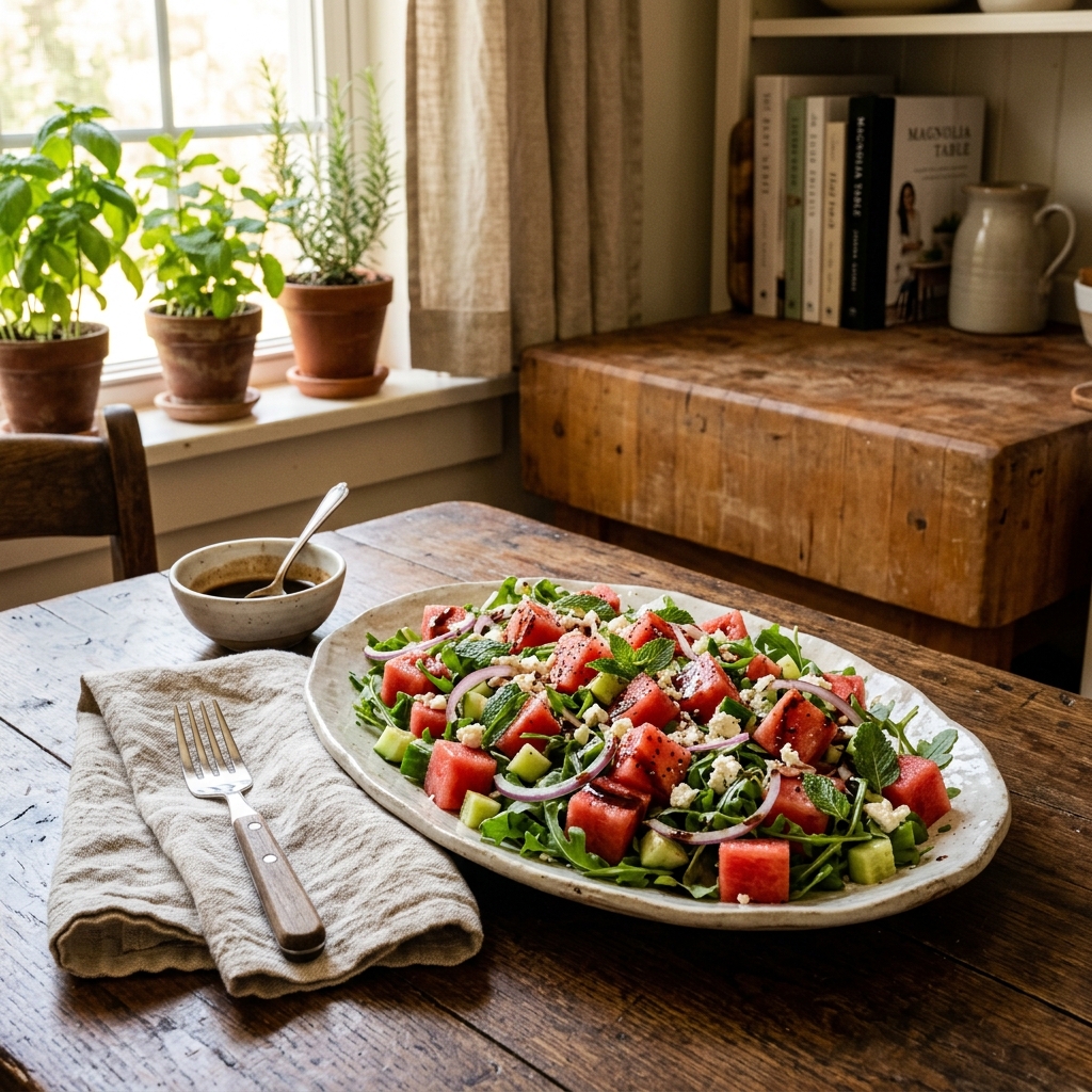 A platter of summer peach and burrata salad with fresh basil and balsamic drizzle on a wooden table
