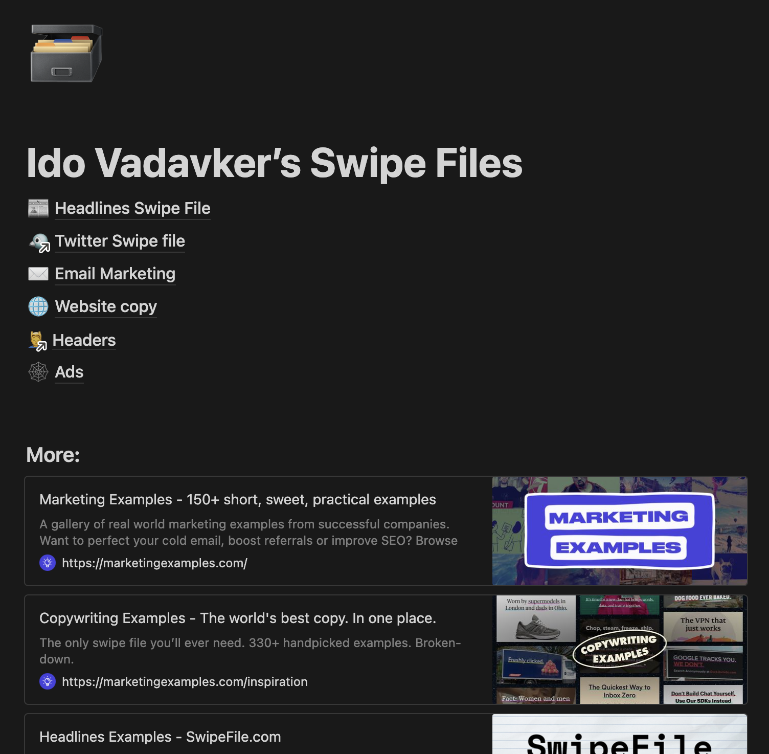 Screenshot of my swipe files on Notion
