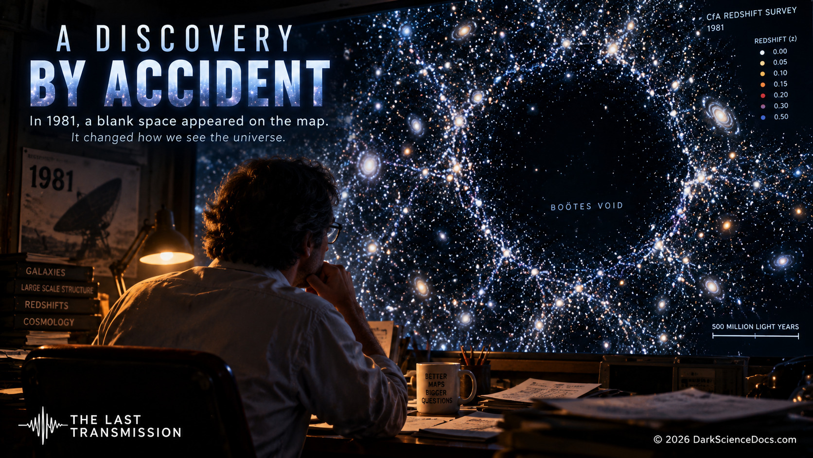 Concept artwork. Measurements of galaxy redshifts reveal a gap that a single sky photograph cannot explain.