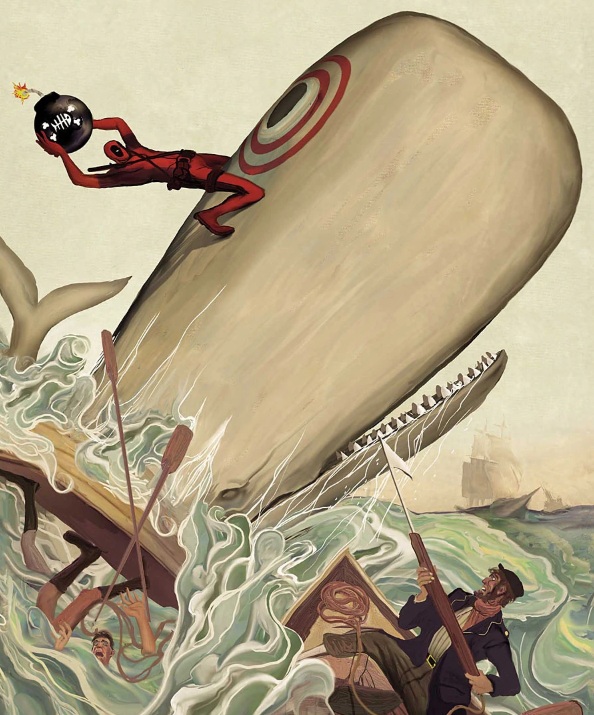 Deadpool’un en ilginç maceralarından biri olan ve Türkçe’ye de çevrilen “Deadpool Edebiyat Kahramanlarını Öldürüyor” çizgi roman serisinde, başkarakterimiz evrenler arasında dolaşıp Marvel kahramanlarının esin kaynaklarını (Hulk’ın esin kaynağı olan Dr. Jekyll ve Mr. Hyde romanı gibi) yok ediyordu. Görselde Deadpool, Moby Dick ’in peşinde.
