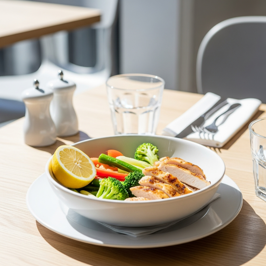 Bright photograph of a sunlit restaurant table set with a white ceramic bowl of simple steamed vegetables and grilled chicken, light wood surface, fresh lemon wedge on the side, bright natural daylight, no people, airy and clean