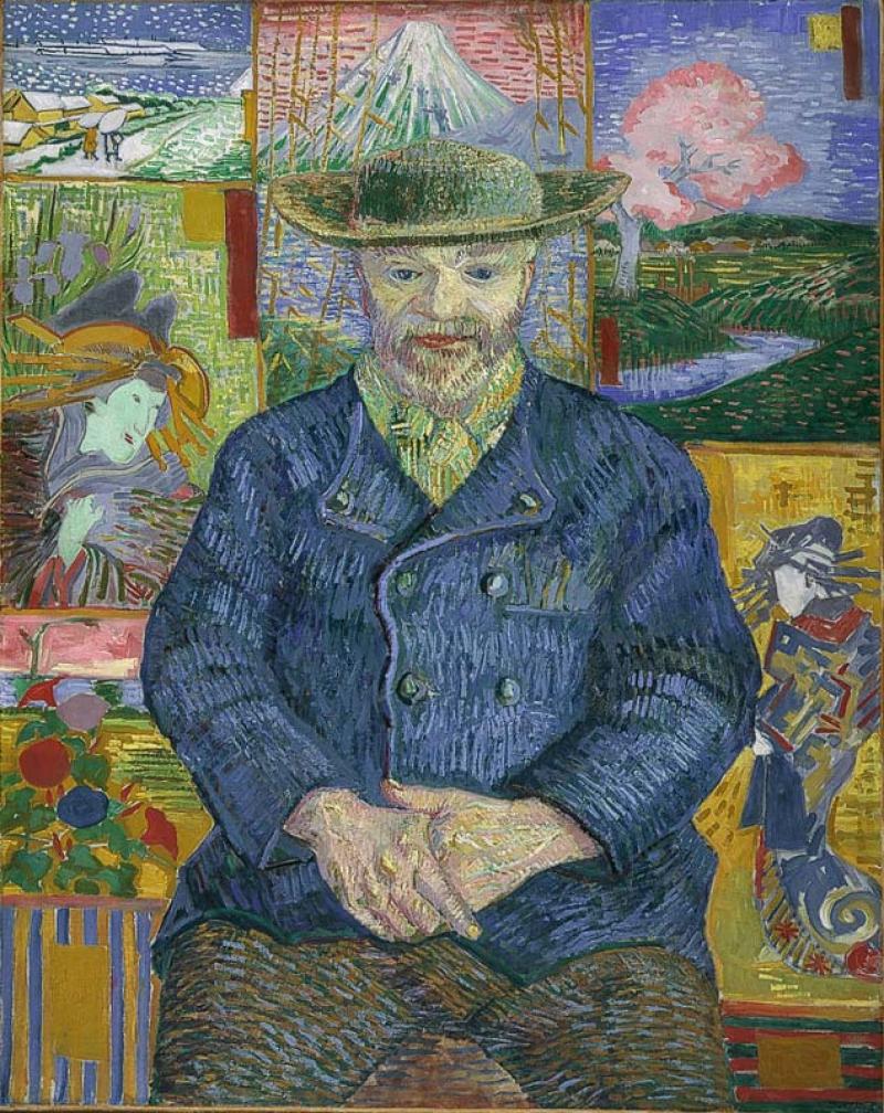 Van Gogh's Portrait of Pere Tanguy with colorful Japanese prints behind him