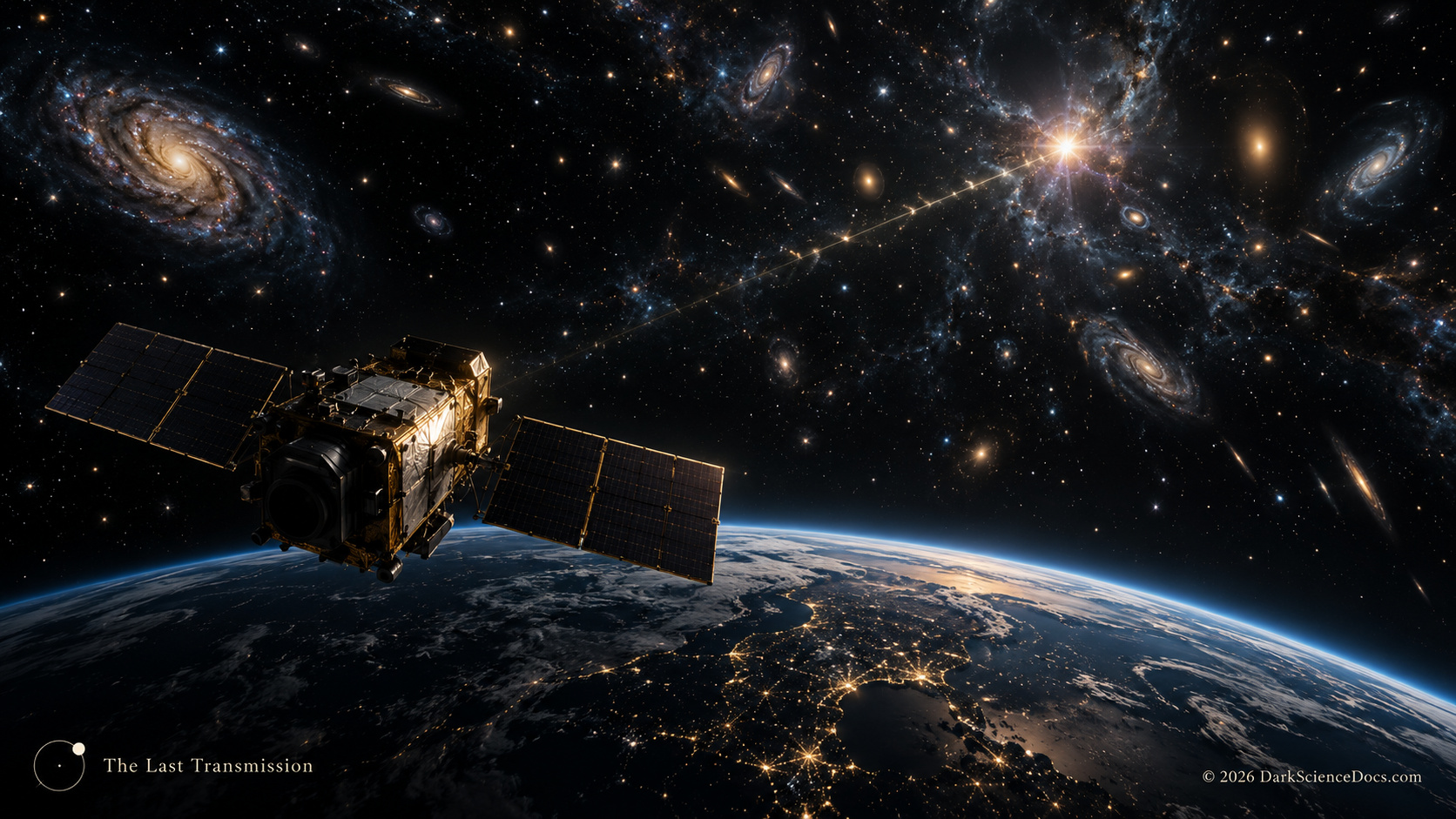 Concept artwork. A detector receives the evidence long after the distant event that produced it.