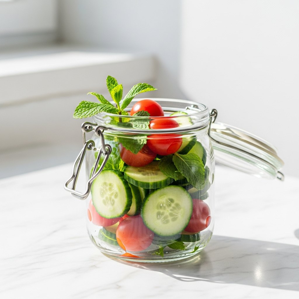 Light and airy close-up of a glass jar filled with cucumber slices, cherry tomatoes, and fresh mint on a white marble countertop in bright natural daylight