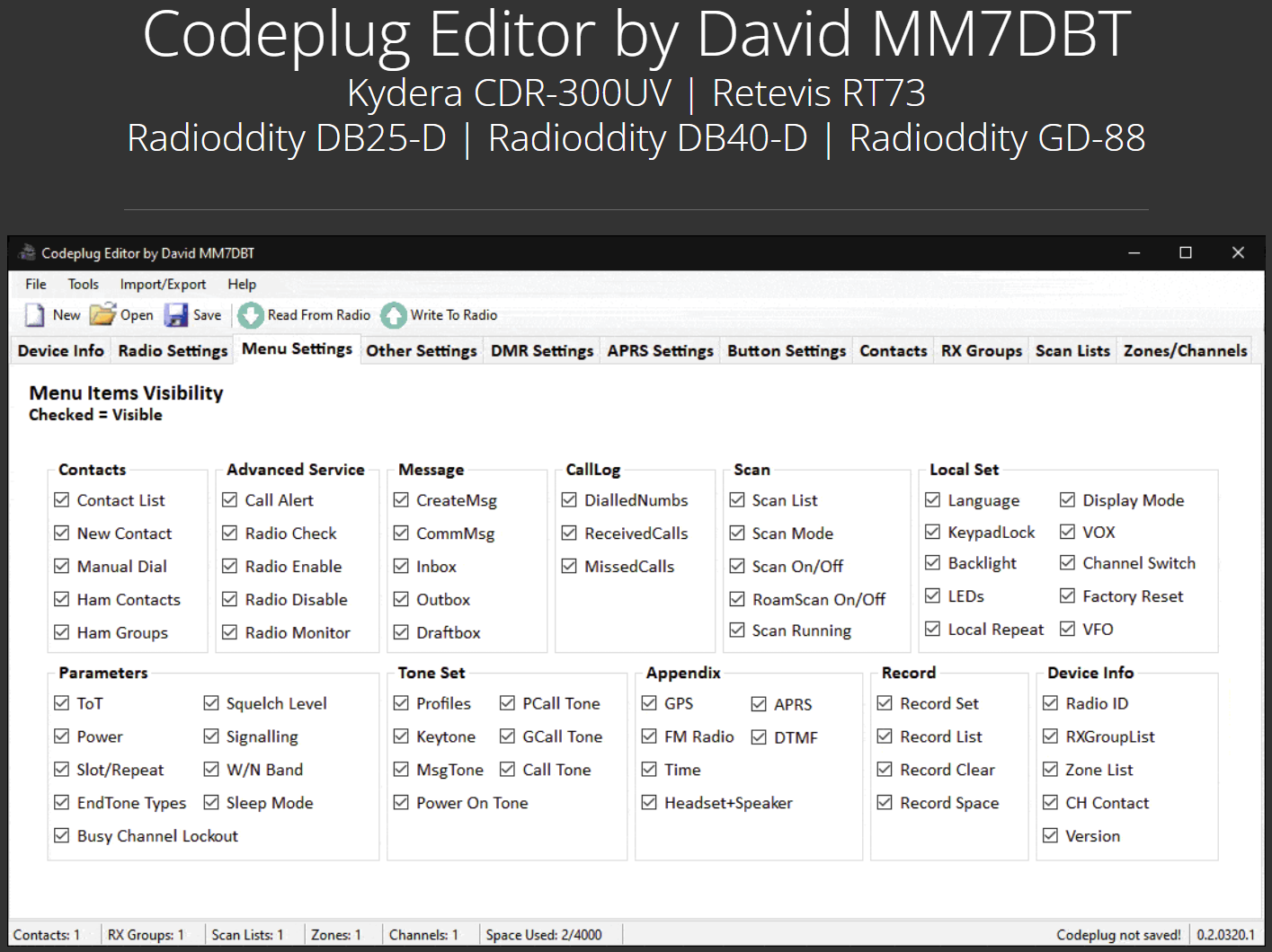MM7DBT codeplug editor screen