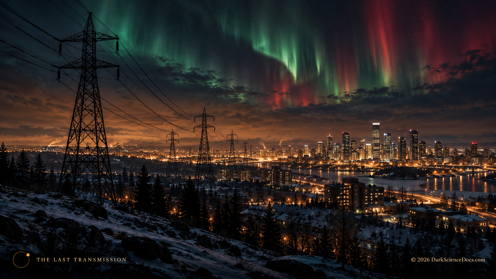 Aurora above a contemporary power network evokes the connection between solar activity and vulnerable infrastructure.