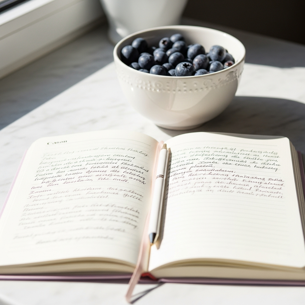 Light and airy close-up of a small open journal with handwritten notes beside a white ceramic bowl of blueberries on a sunlit marble countertop, bright natural daylight