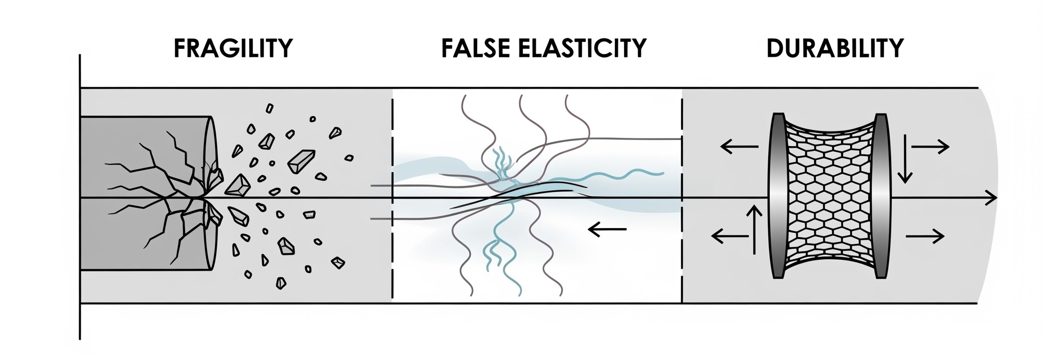 Three‑panel comparison of load‑bearing models: brittle fragility with cracks; false elasticity showing leaks; and durable mesh absorbing shocks.