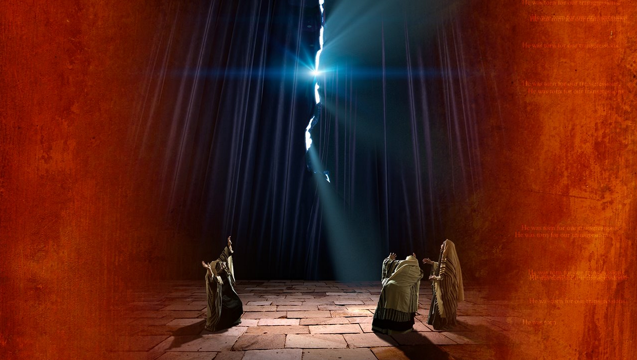 Cinematic illustration of the temple veil torn from top to bottom, with bright light breaking through the curtain as priests look on in awe.