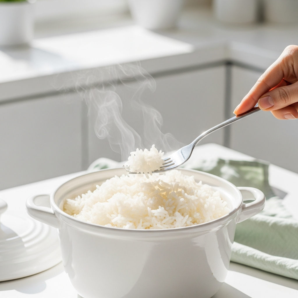 Light and airy close-up of fluffy white rice being fluffed with a fork in a white ceramic pot, bright natural daylight, soft steam rising, white kitchen background, pale sage linen nearby