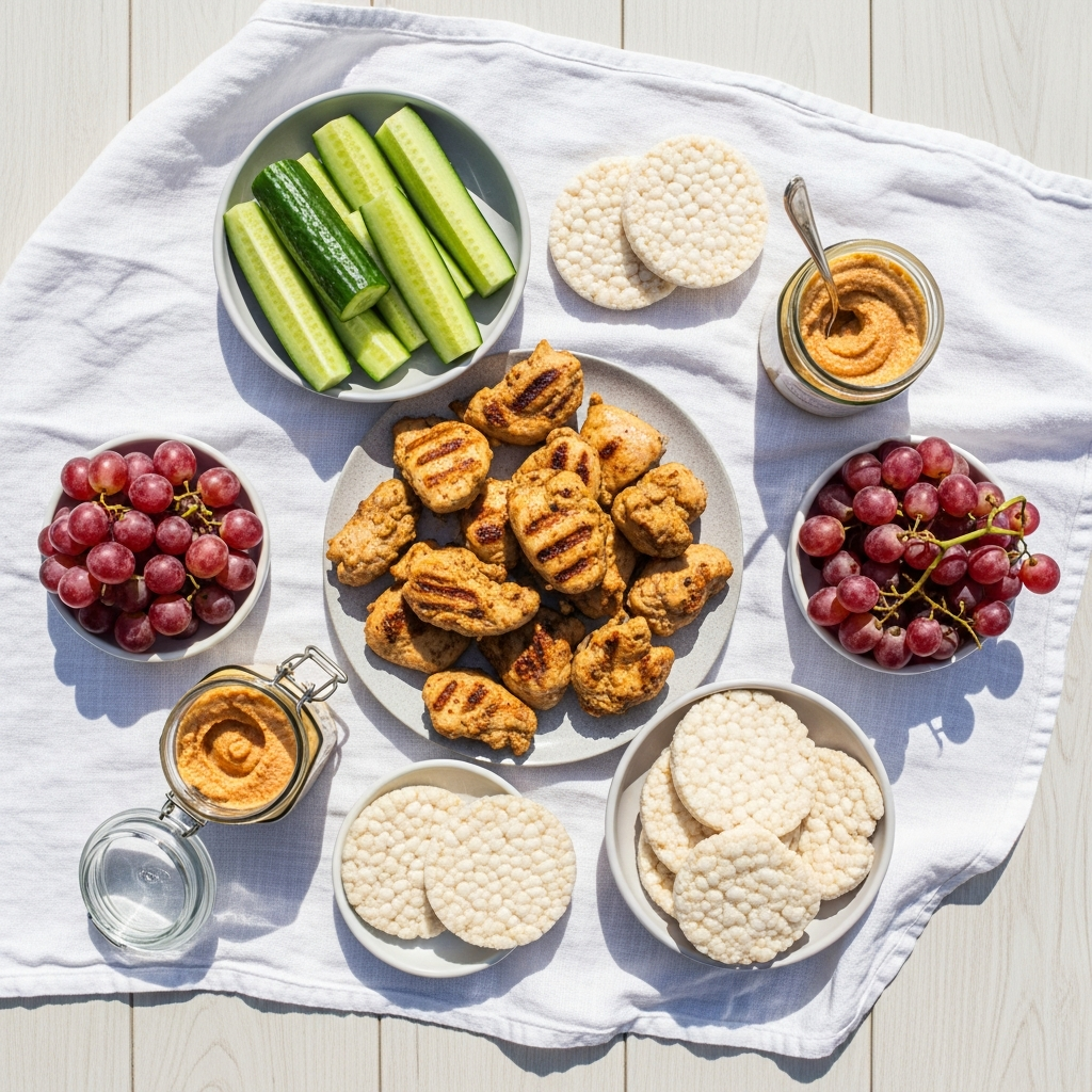 Bright overhead flat lay of a summer picnic spread on a white linen cloth — grilled chicken pieces, cucumber slices, white rice crackers, seedless grapes, and a small jar of hummus, all on a light wood surface in bright natural daylight