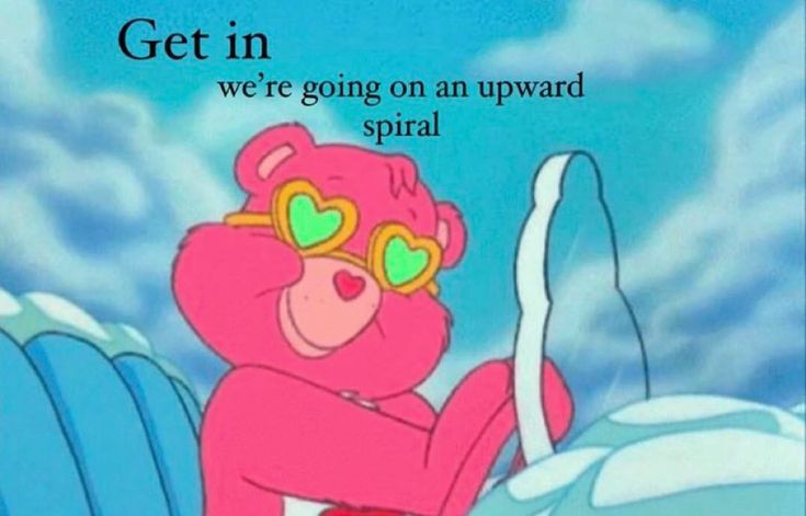 This may contain: a pink teddy bear wearing sunglasses sitting on top of a snow covered ground with the caption get in we're going on an upward spiral