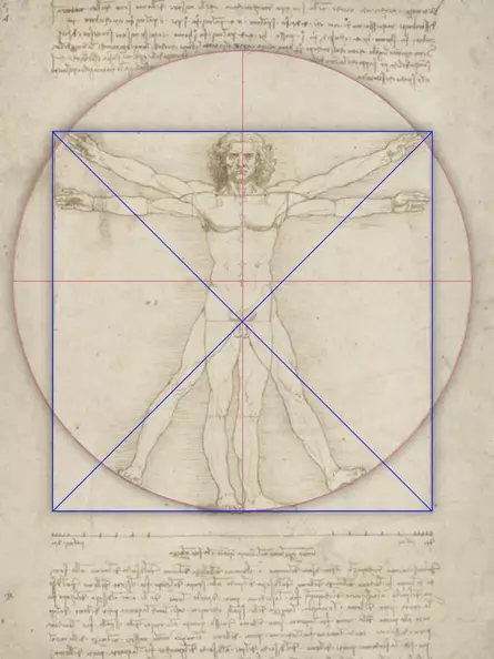 Vitruvian Man drawing overlaid with geometric lines, a square, and a circle