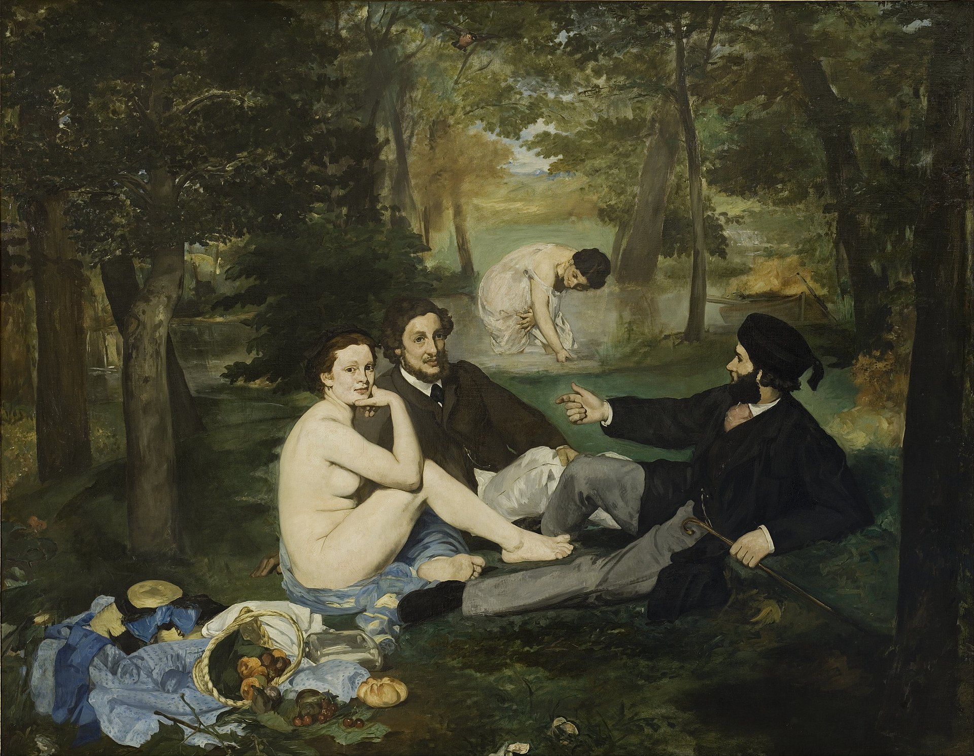 Manet's Luncheon on the Grass showing two clothed men and a nude woman in a wooded clearing