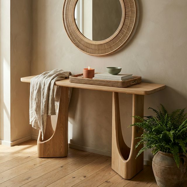 Modern Cottage styled console with oak table and rattan mirror