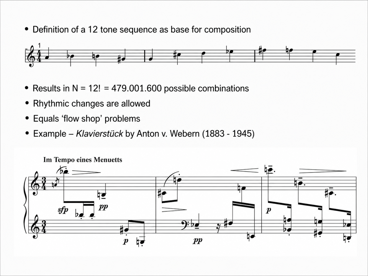 Schoenberg's twelve-tone rule illustrated with Anton Webern's Klavierstück, and the combinatorics behind it