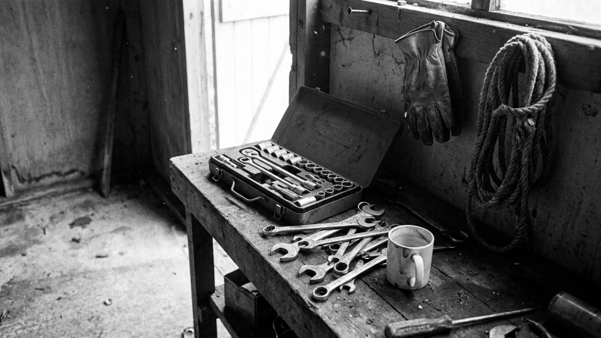 Black-and-white shed workbench with an open socket set and tools.