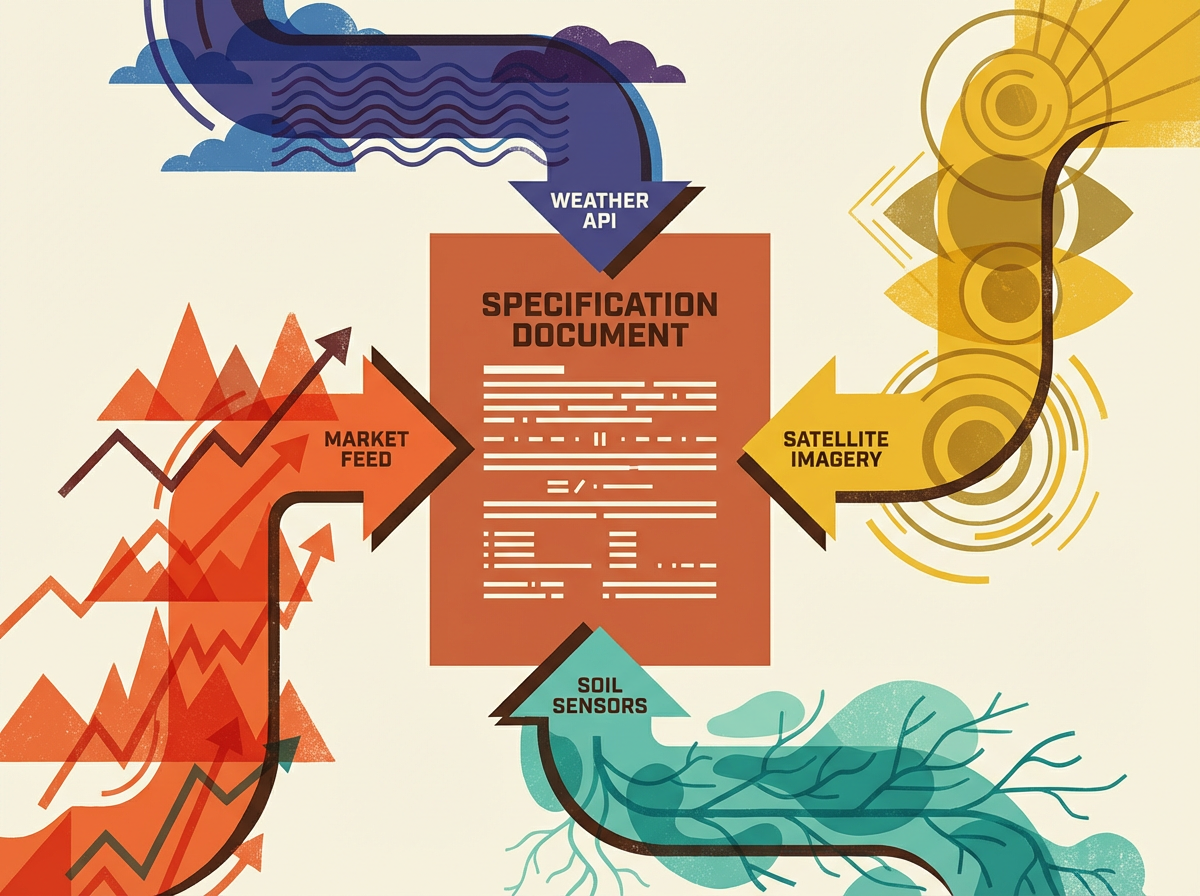 외부 데이터 소스(날씨, 시장, 위성, 토양 센서)가 사양서에 연결되는 구조도