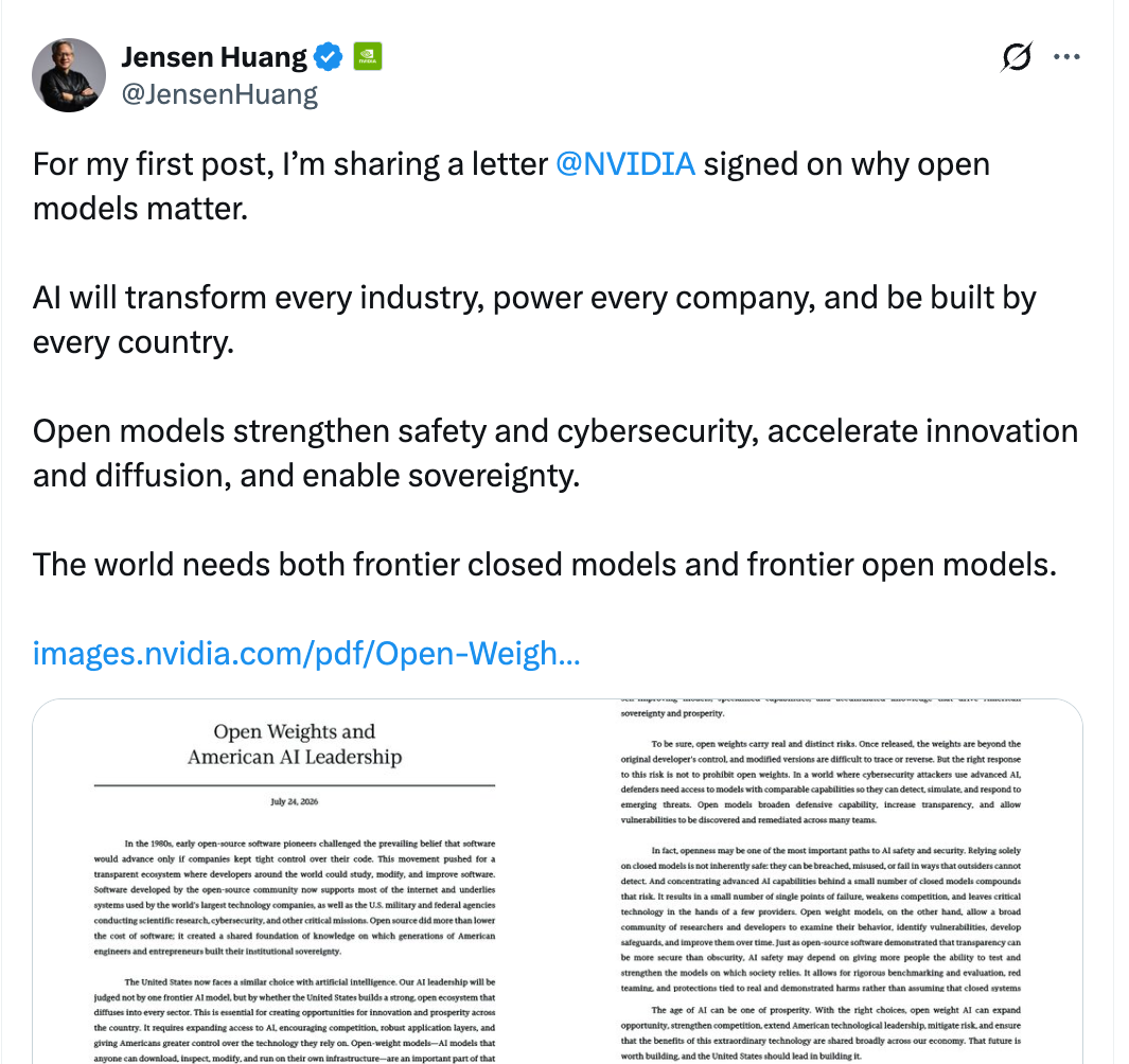 Jensen Huang's open weights letter, co-signed by dozens of technology companies