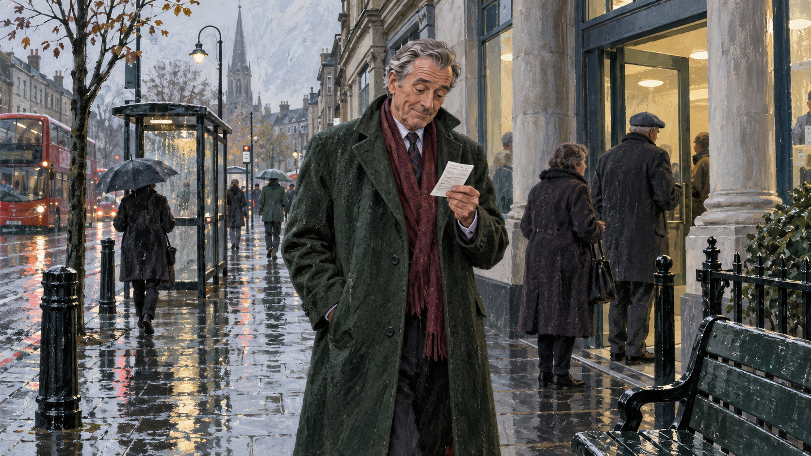 An older man in a decent overcoat walking down a wet British high street.