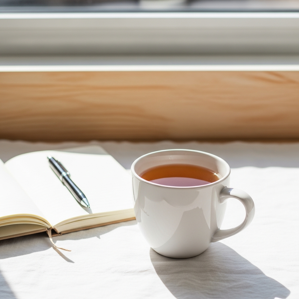 Bright photograph of a white ceramic mug of warm herbal tea on a sunlit white linen surface beside a small open notebook with a pen, soft natural light from a nearby window, light wood background, no faces