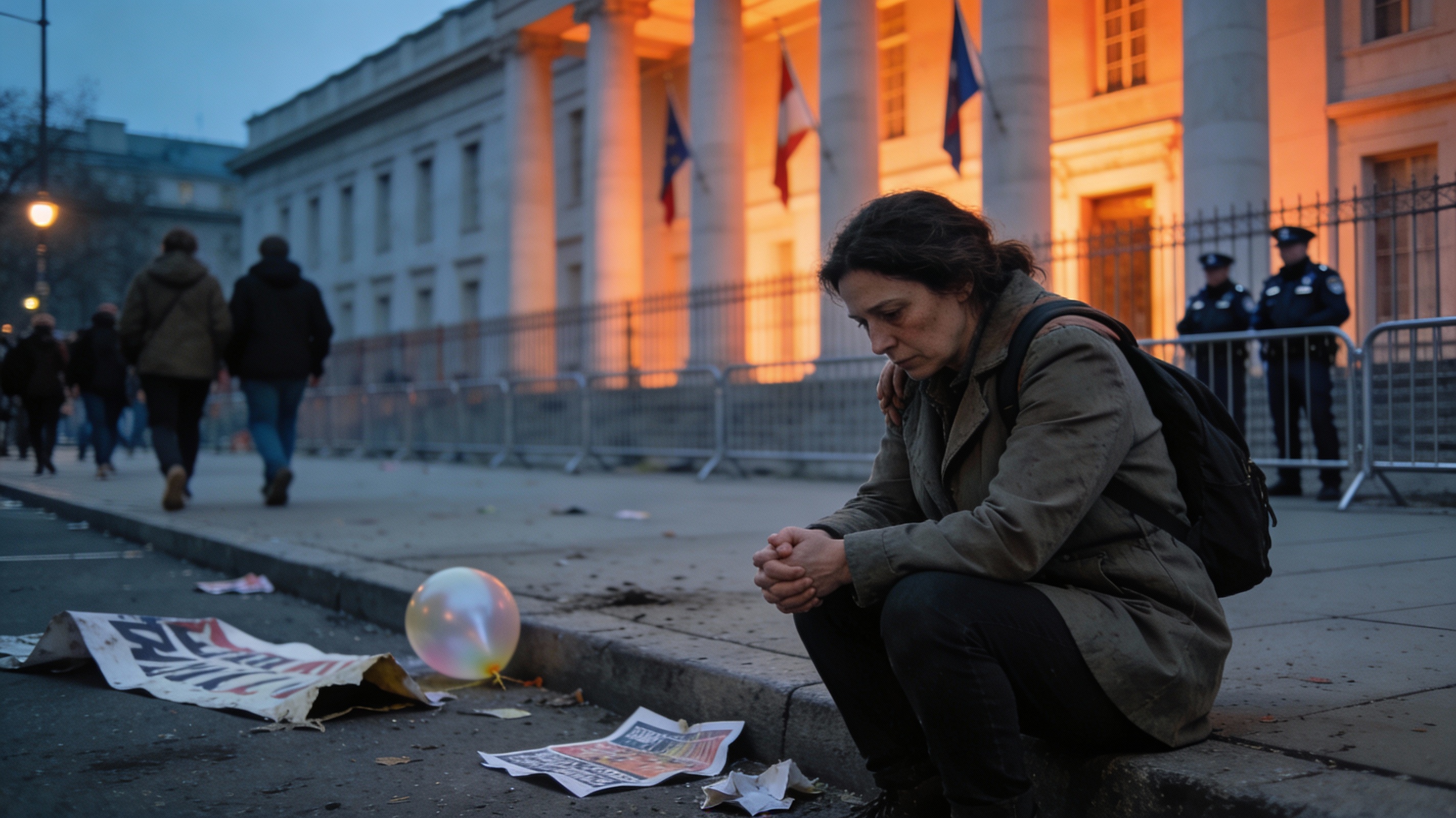 Escena cinematográfica al anochecer que muestra resignación política tras una manifestación terminada.