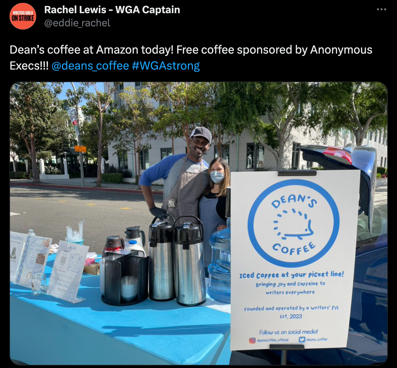 A Twitter post featuring a photo of Dean's Coffee pop-up coffee table.