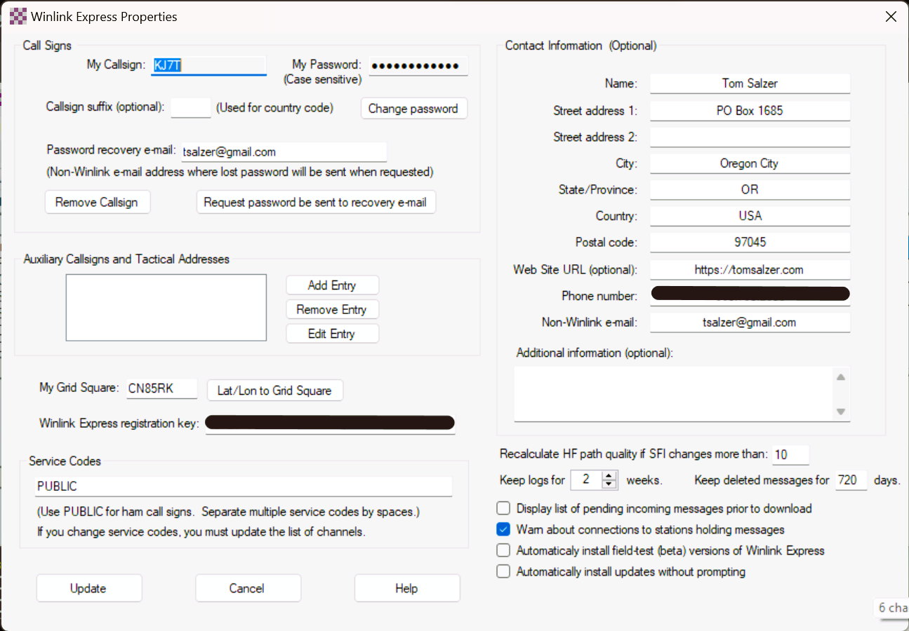Winlink setup screen