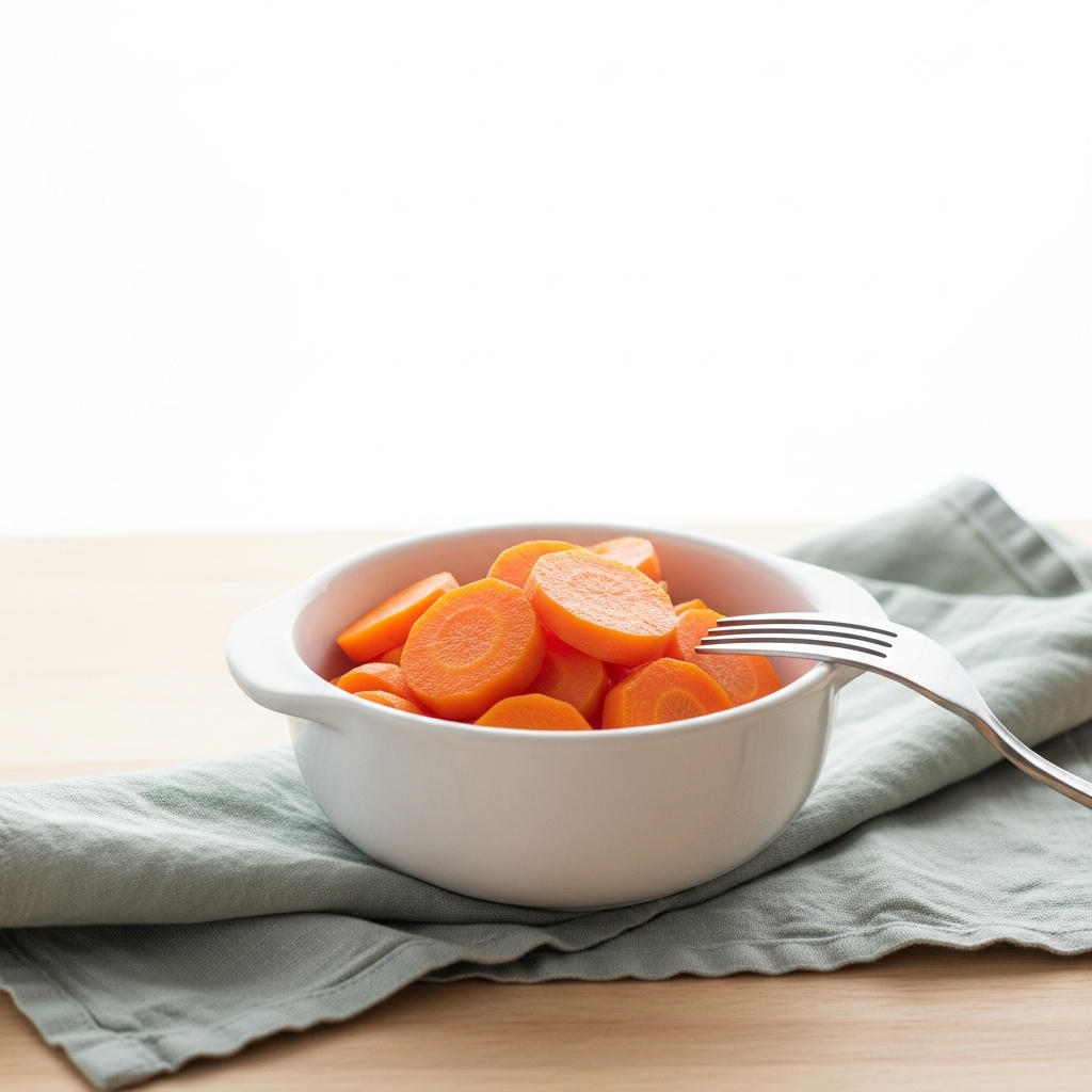 Bright photograph of a small white ceramic bowl of well-cooked sliced carrots on a light wood surface, with a simple fork beside it, bright natural daylight, clean white background, soft sage linen cloth underneath