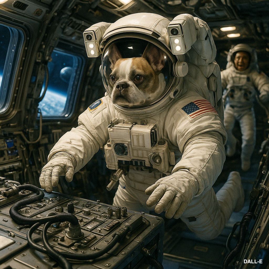 AI-generated image of Meadow floating in the ISS by Leonardo