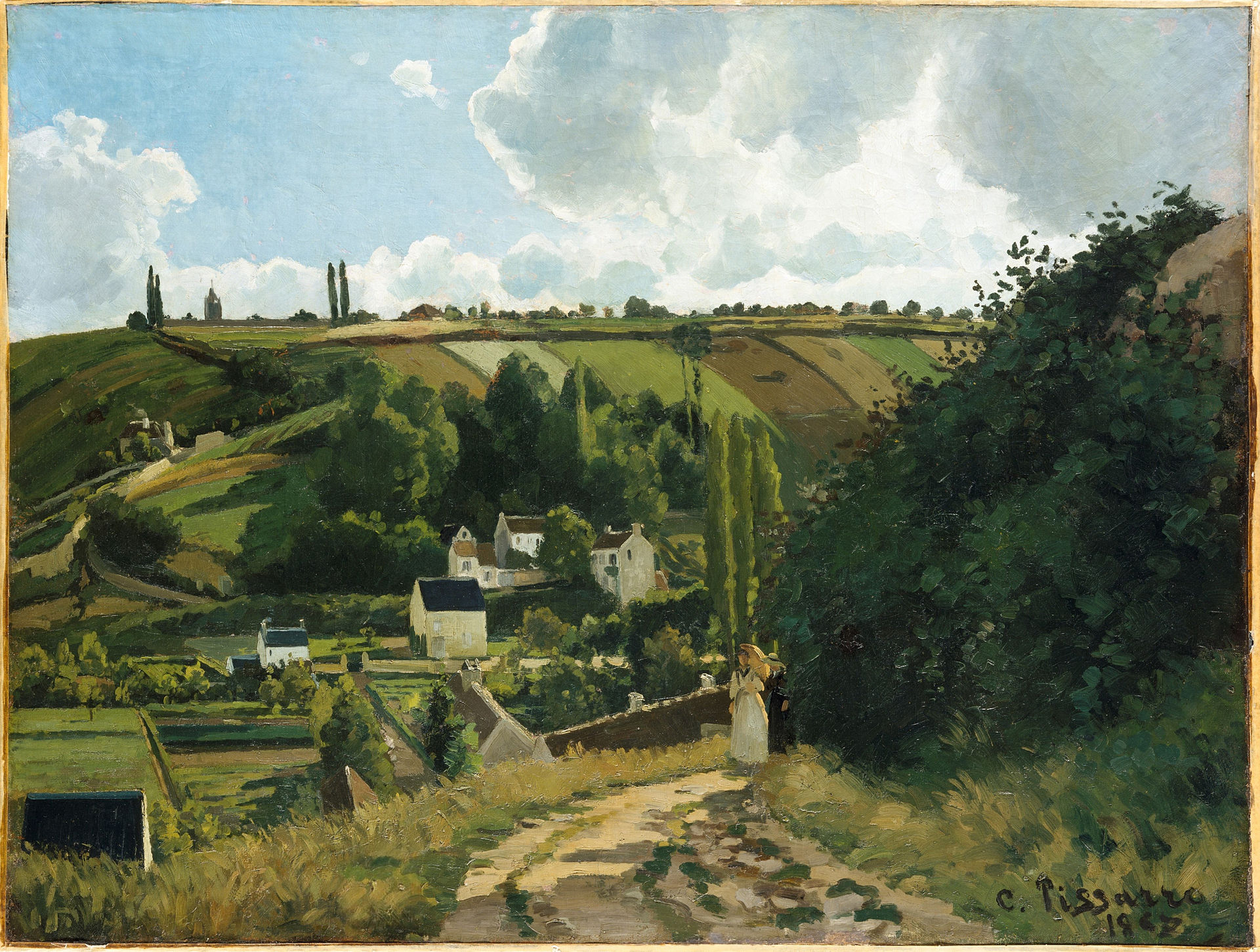 Landscape painting of a country road, village houses, and green hills