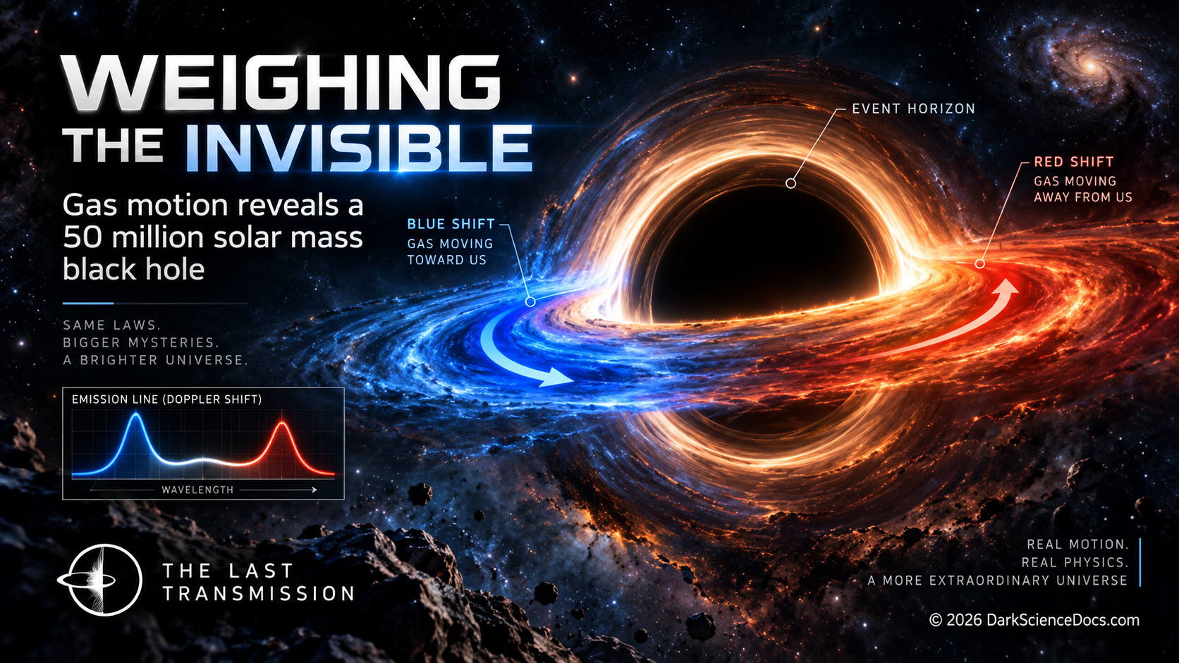 Concept artwork. A colored gas pattern makes the logic of spectroscopic mass inference visible.