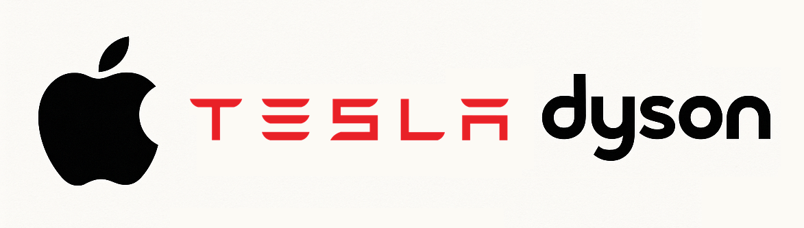 Logos of Apple, Tesla, and Dyson side by side, illustrating companies with deep aesthetic moats built on taste and conviction.