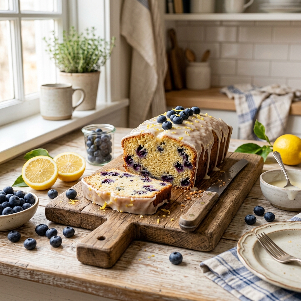 A realistic photograph of a sliced Lemon Glazed Blueberry Pound Cake on a rustic wooden cutting board, with fresh blueberries and yellow lemons nearby. Soft, natural sunlight from a kitchen window. Modern farmhouse vibe.