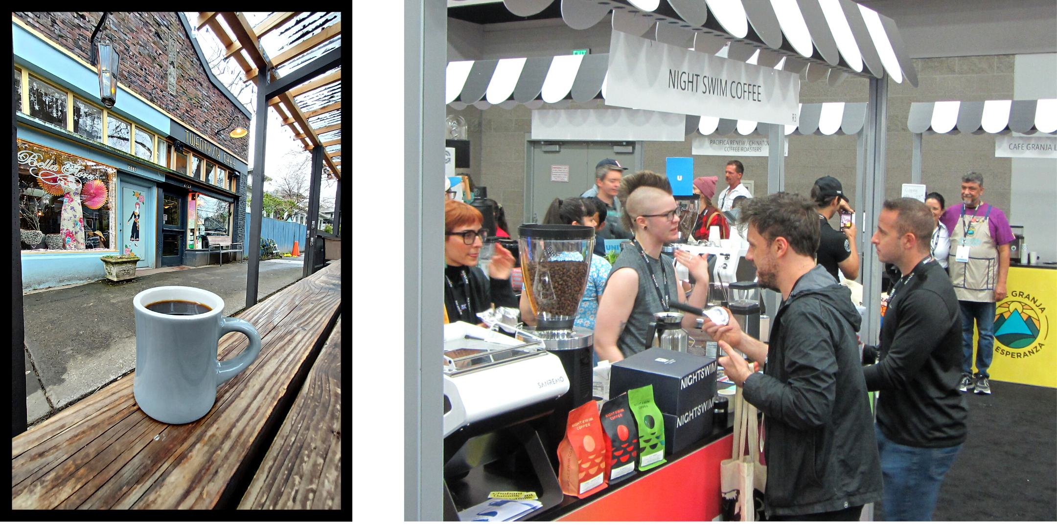 Left photo: A close up of a soft blue-grey coffee mug on a wooden picnic table. In the background is a brick building with a classic facade. Right: A barista talks to a guest at a coffee booth set up inside the Oregon Convention Center.