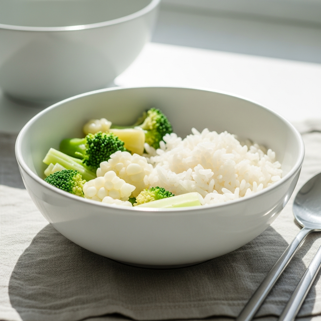 Light and airy close-up of a white ceramic bowl filled with simple, pale-coloured foods — plain rice, steamed vegetables — on a linen cloth, bright natural daylight, soft sage and cream tones