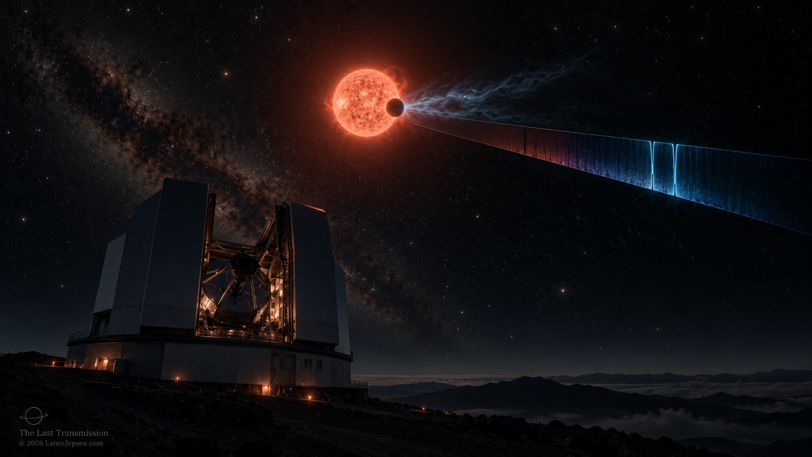 Illustration of an exoplanet transit with starlight crossing a possible atmosphere