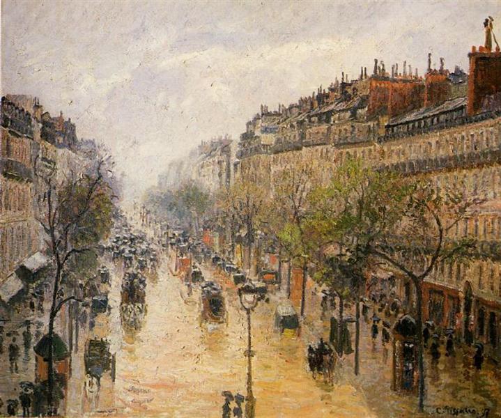 Painting of a tree-lined Paris boulevard with carriages and pedestrians