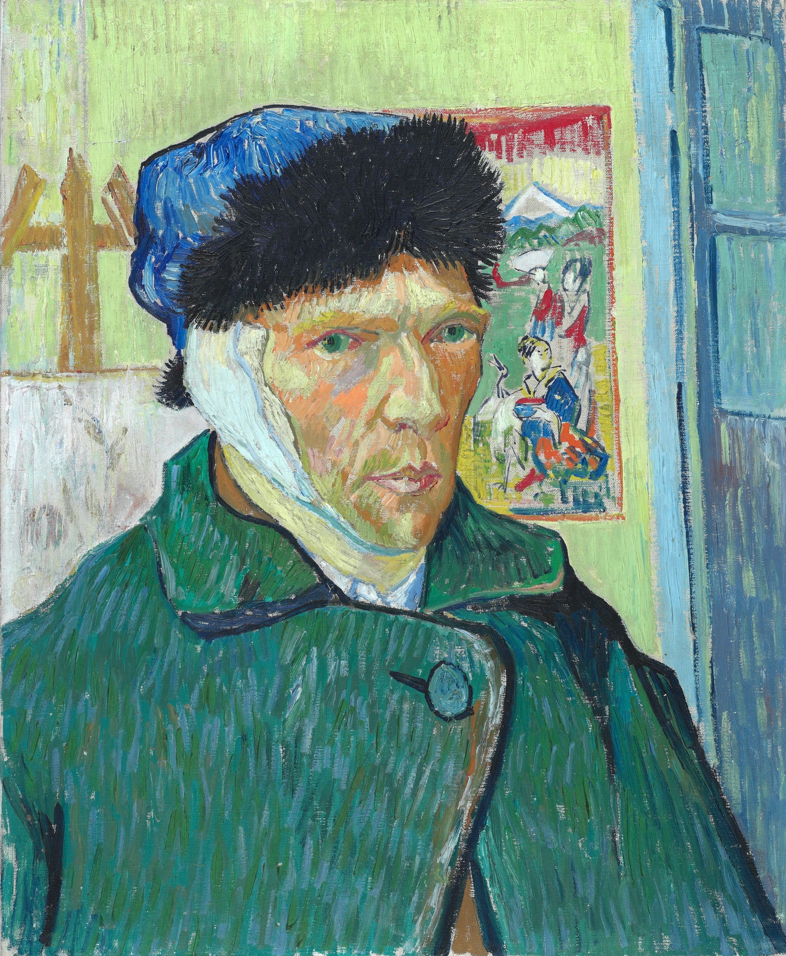 Van Gogh self-portrait wearing a dark fur cap and an ear bandage