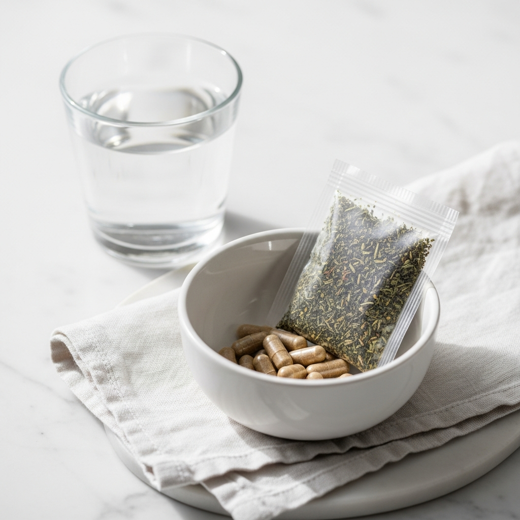 Light and airy close-up of a small white ceramic bowl holding capsules and a folded sachet of herbal tea on a pale linen cloth, with a glass of water beside it, flooded with bright natural daylight on a white marble surface