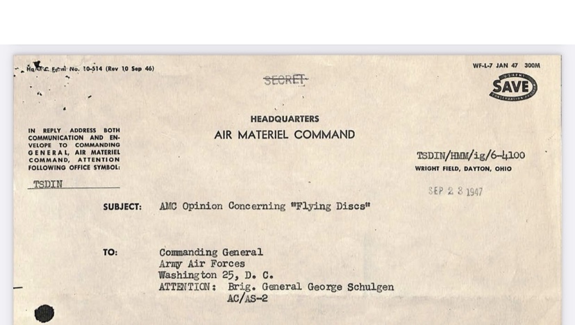U.S. government UFO document: 'SUBJECT: AMC Opinion Concerning "Flying Discs"'