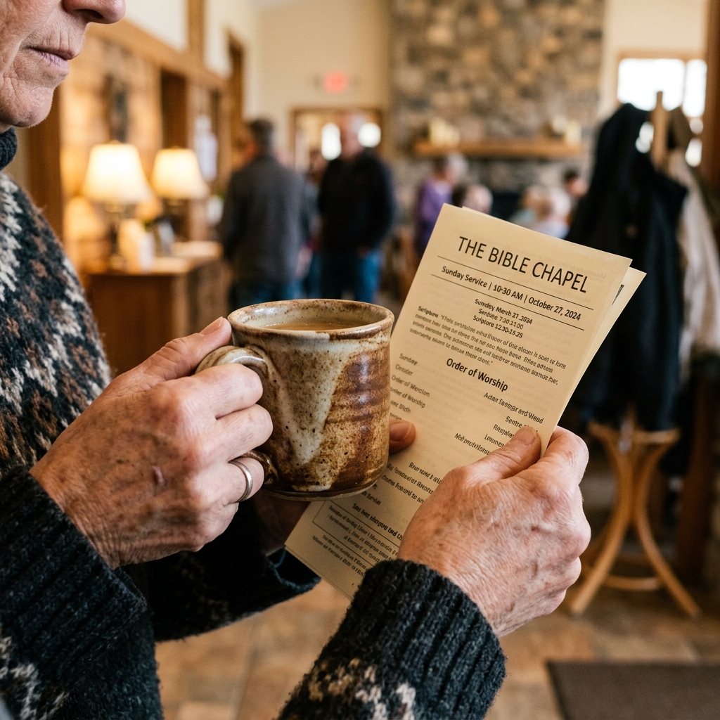 Close up of nervous hands gripping a coffee cup in a church lobby with blurry greeters in background