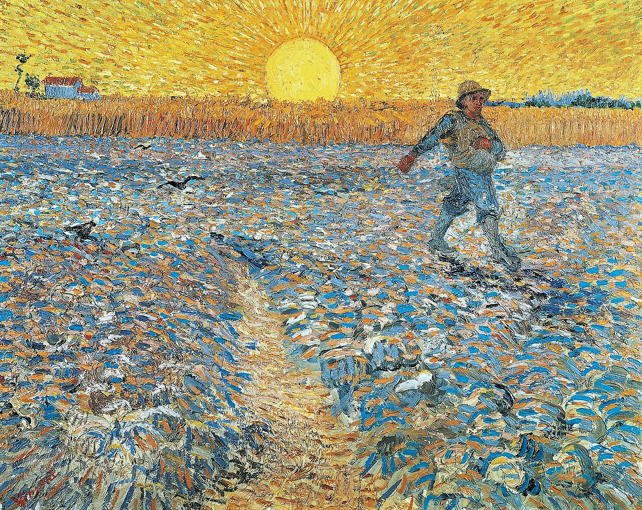 Van Gogh's The Sower showing a figure in a field beneath a setting sun