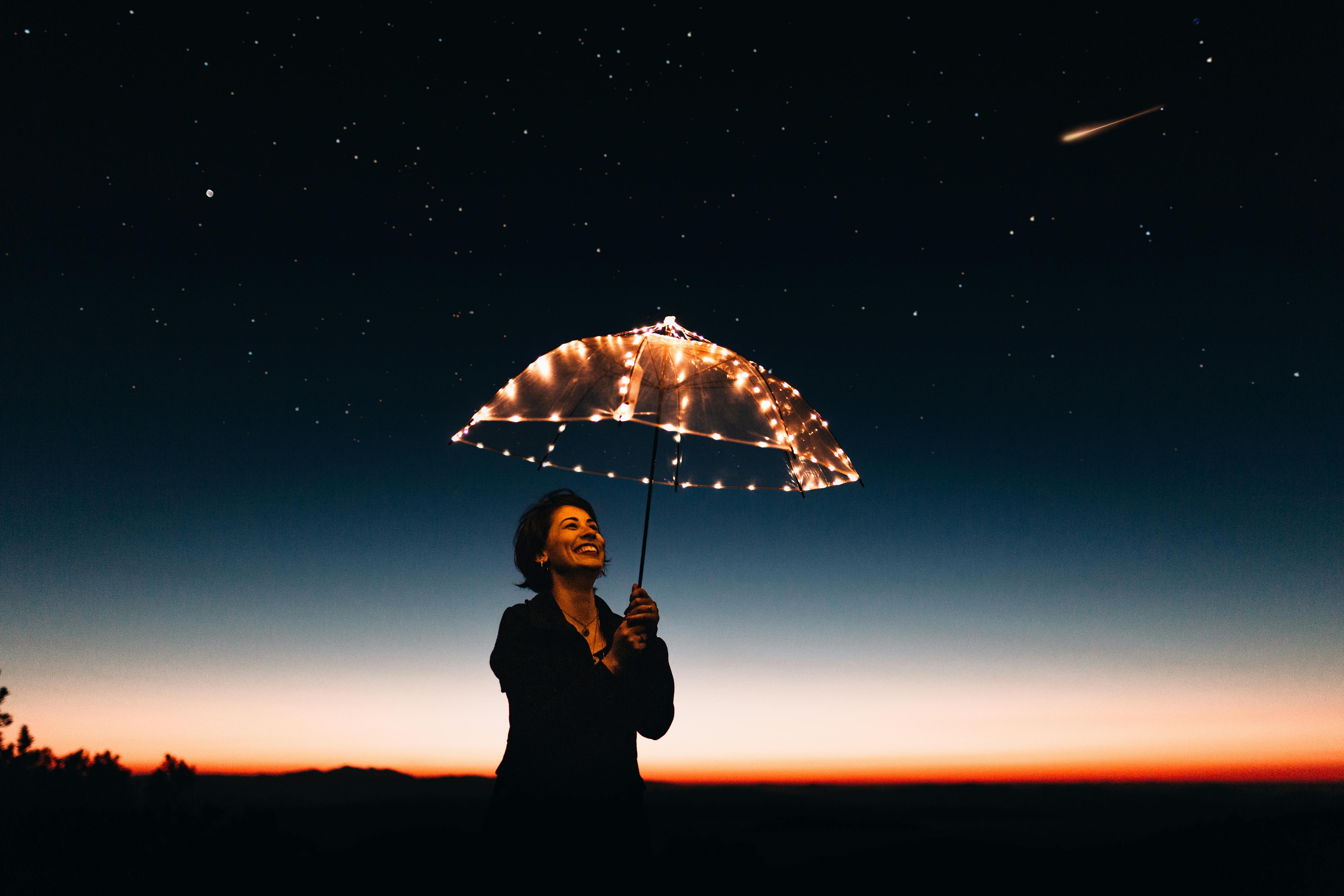 Woman using an umbrella with lights